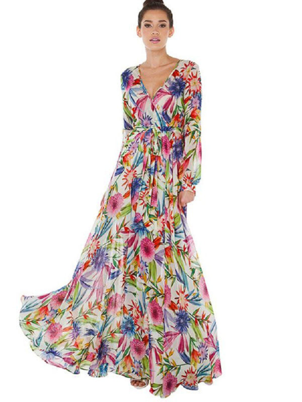 Women's Lantern Sleeve V Neck Tie Leaf Print Swing Dress