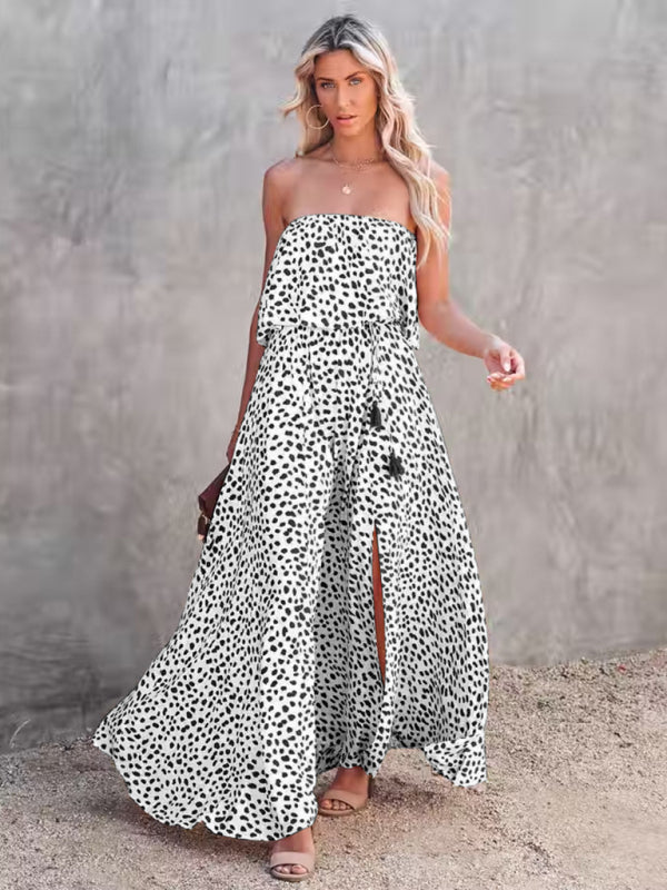 New style leopard print one-shoulder ruffle slit dress