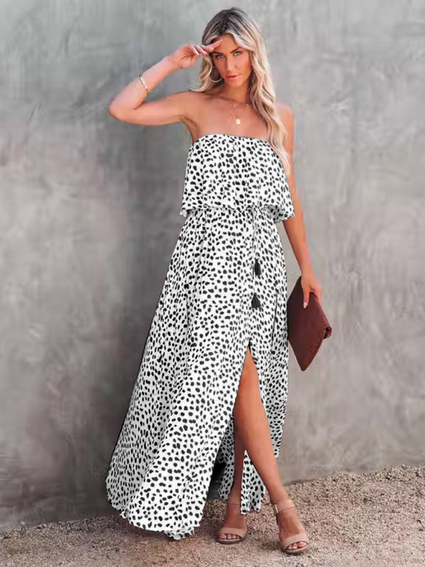 New style leopard print one-shoulder ruffle slit dress