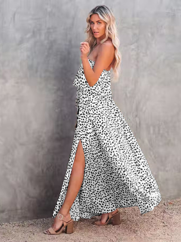 New style leopard print one-shoulder ruffle slit dress