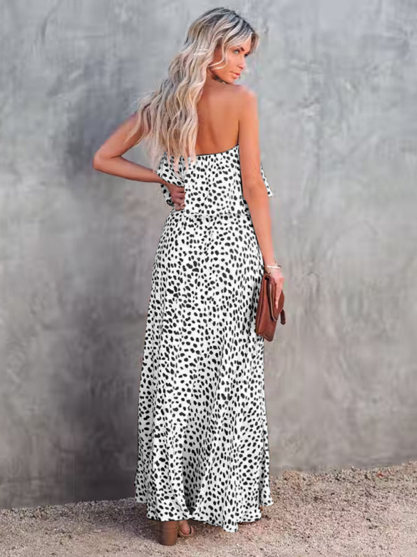 New style leopard print one-shoulder ruffle slit dress