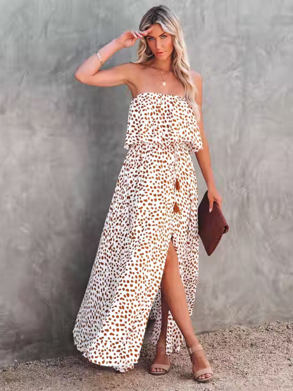 New style leopard print one-shoulder ruffle slit dress