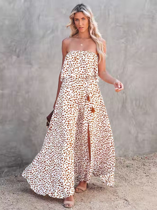 New style leopard print one-shoulder ruffle slit dress