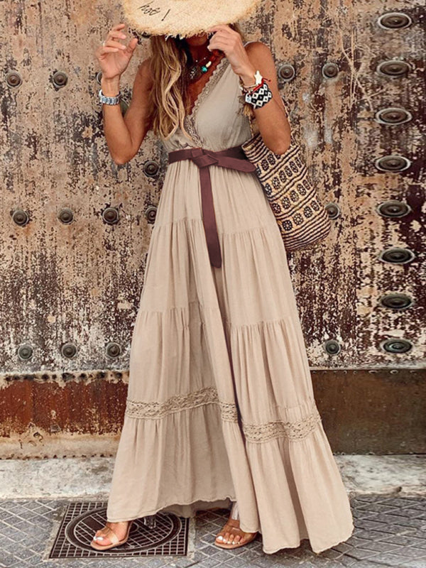 New French style high waist V-neck stitching mid-length dress maxi dress