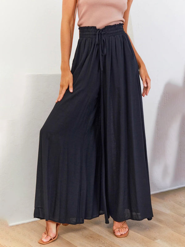 Women's Solid Color Elastic Waist Wide Leg High Waist Trousers