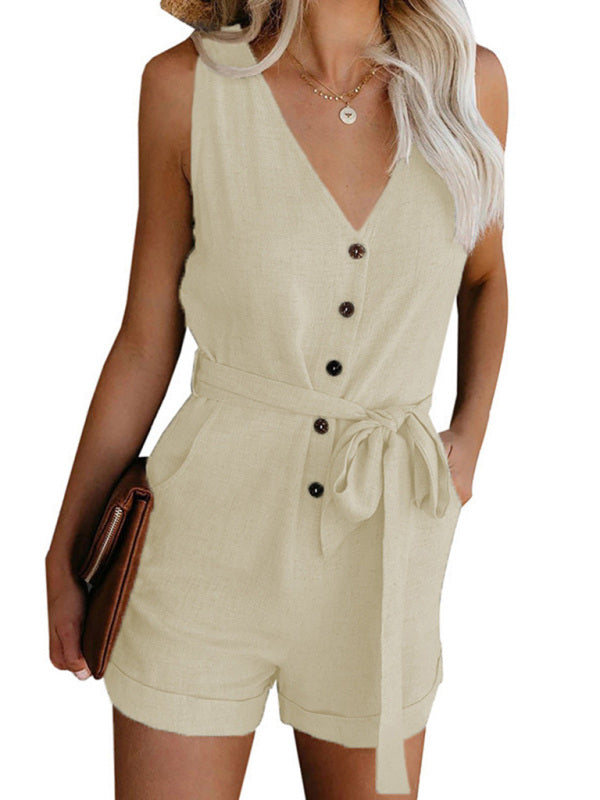 Women's Woven Fashion V-Neck Button-Up Sleeveless Jumpsuit