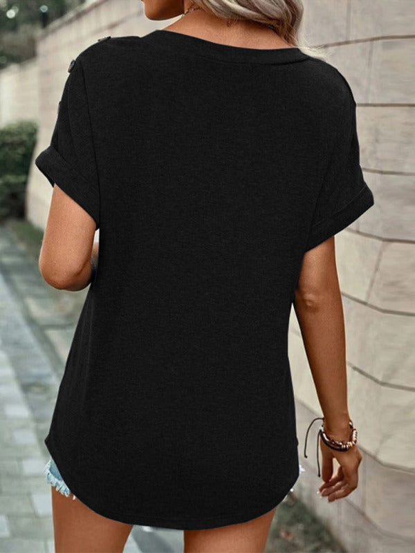 Women's Casual Solid Color Button Short Sleeve T-Shirt