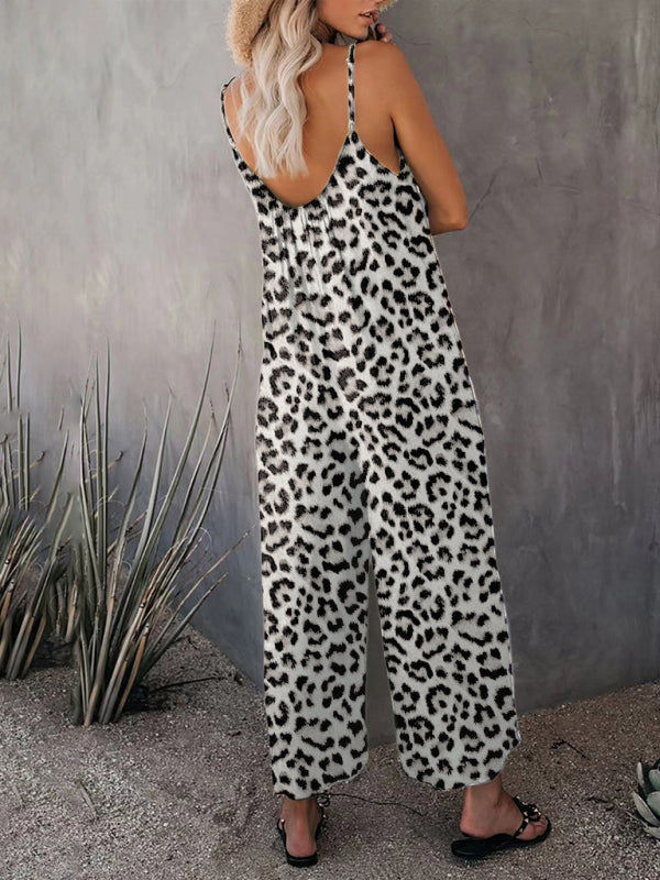 Women's Casual Sleeveless Leopard Print Pocket Loose Suspender Jumpsuit