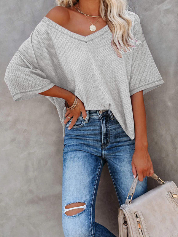 New V Neck Dolman Sleeve Waffle Knit Loose Solid Color Short Sleeve T-Shirt