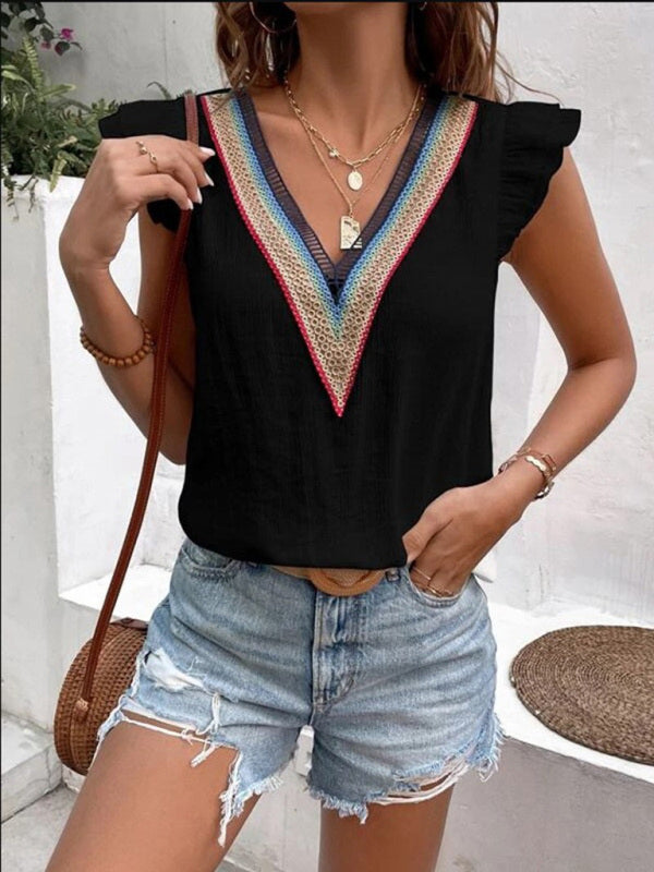 Women's V-neck lace casual solid color shirt