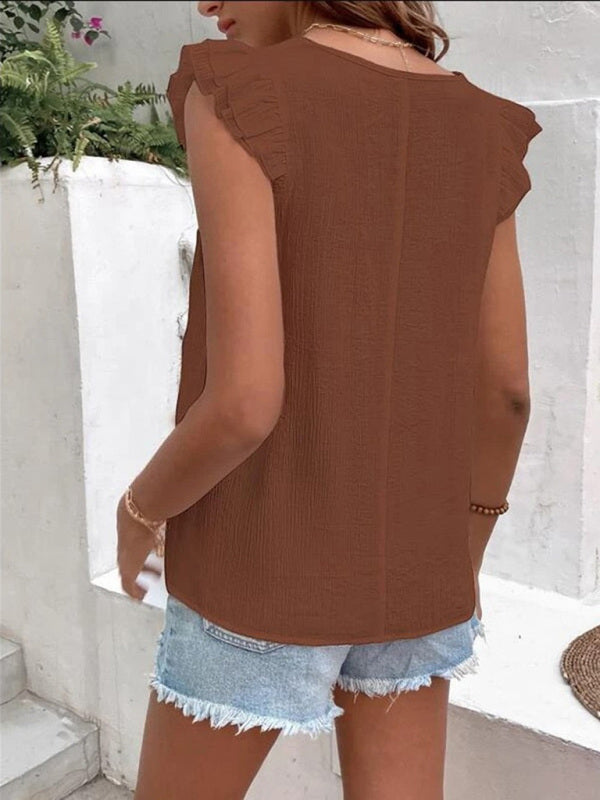 Women's V-neck lace casual solid color shirt