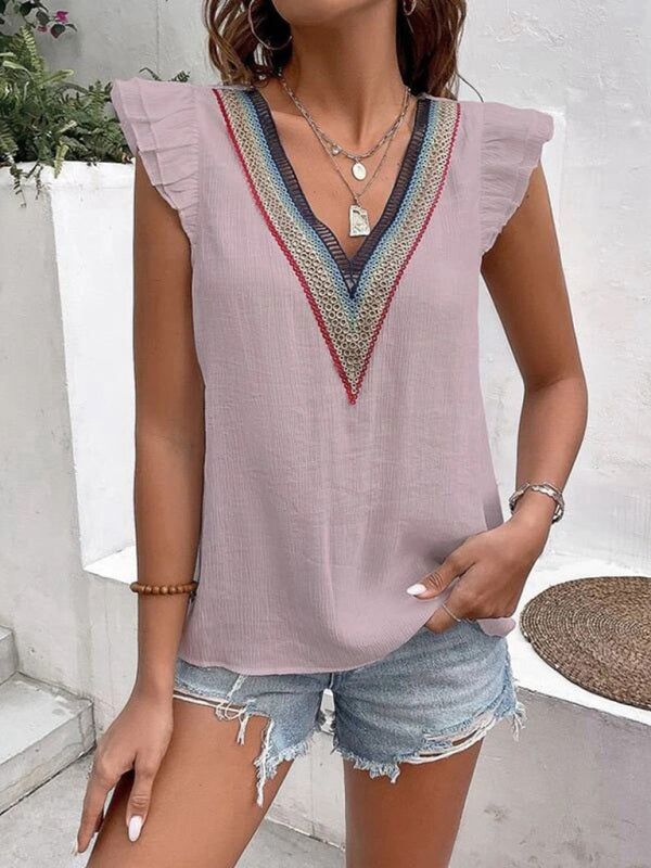 Women's V-neck lace casual solid color shirt