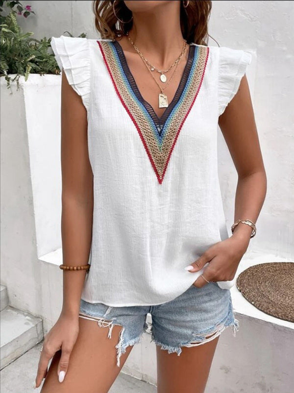 Women's V-neck lace casual solid color shirt