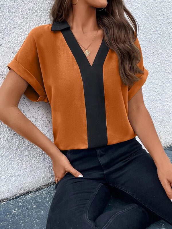 Women's Contrasting Color V-Neck Raglan Sleeve Lapel Loose Top