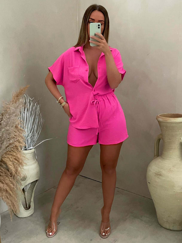 Fashion Casual Solid Color Single Breasted Sleeve Shirt Elastic Waist Shorts Two-Piece Set