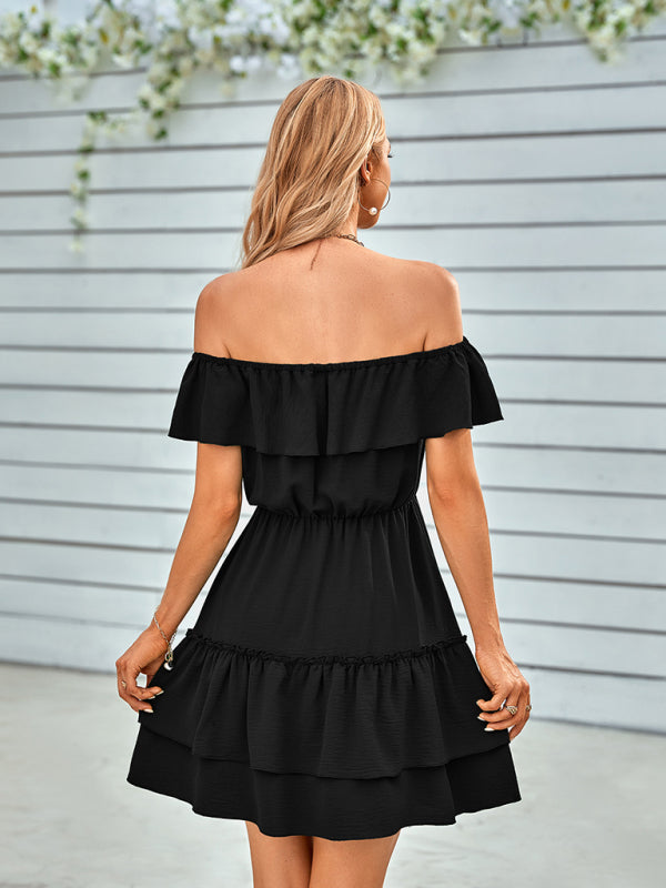 Spring and summer casual strapless ruffled solid color dress