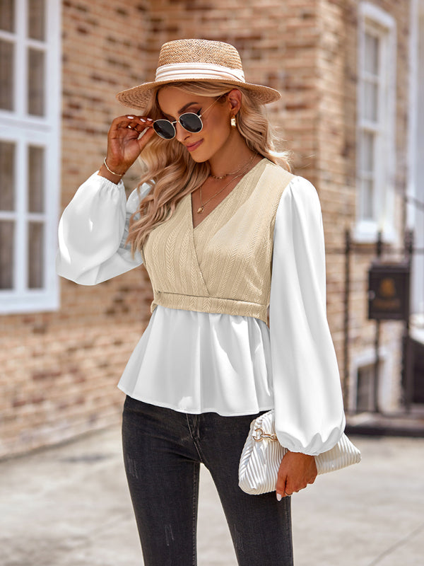 New women's casual solid color V-neck stitching long-sleeved top