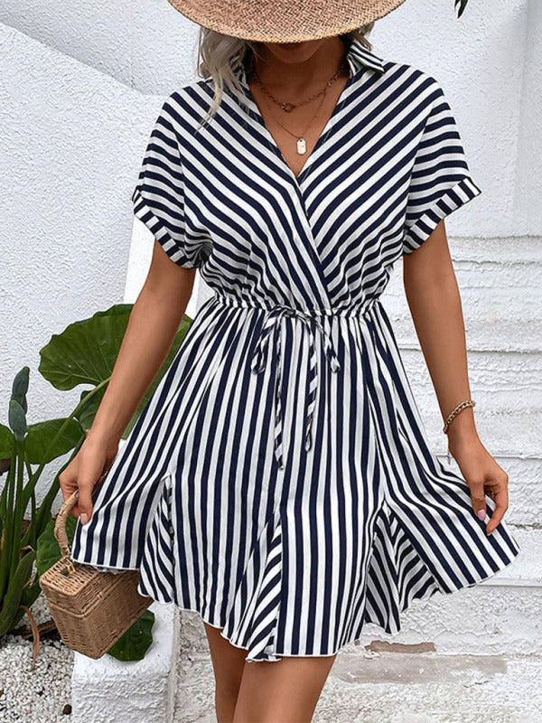 New Fashion Ladies Casual Lapel Striped Shirt Dress