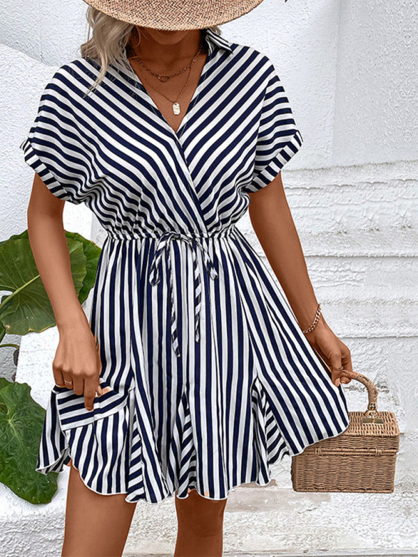 New Fashion Ladies Casual Lapel Striped Shirt Dress