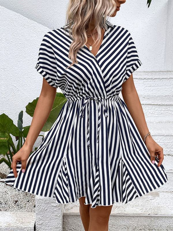 New Fashion Ladies Casual Lapel Striped Shirt Dress