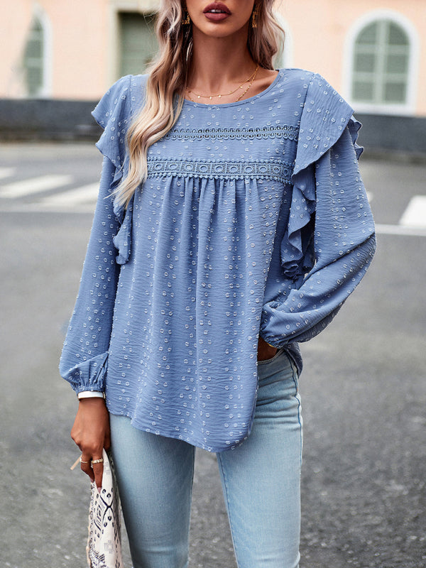 Elegant ruffled lace edge stitching casual long-sleeved blouse