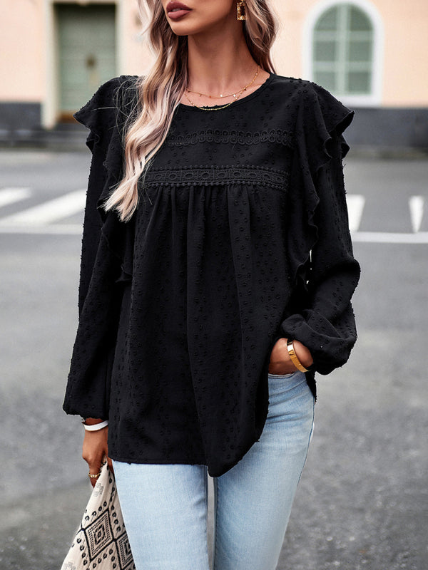 Elegant ruffled lace edge stitching casual long-sleeved blouse