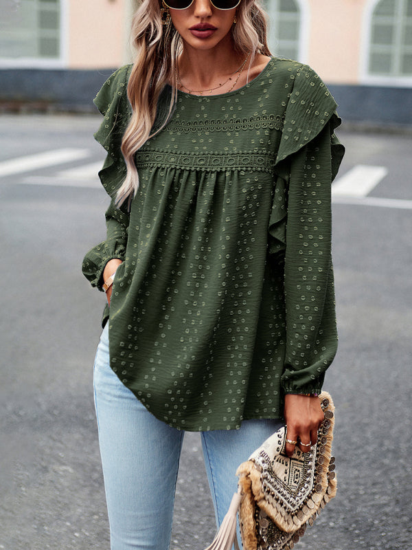 Elegant ruffled lace edge stitching casual long-sleeved blouse