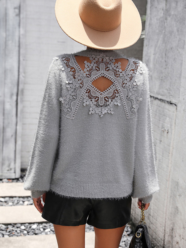 Floral Pattern Women's Knitted Sweater Round Neck Long Sleeve Pullover Sweater