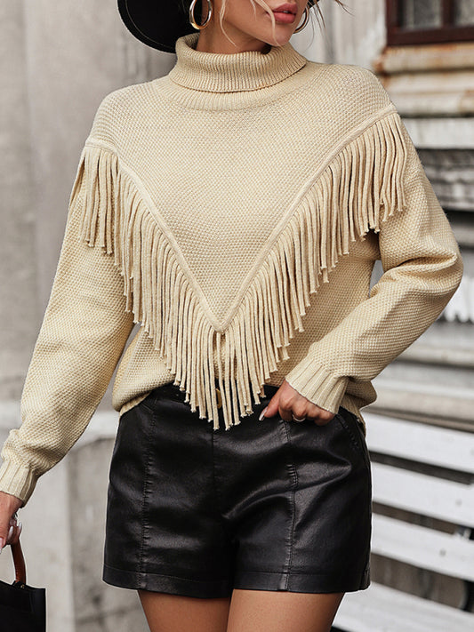 Women's Loose Fringed Sweater Knit Turtleneck Sweater