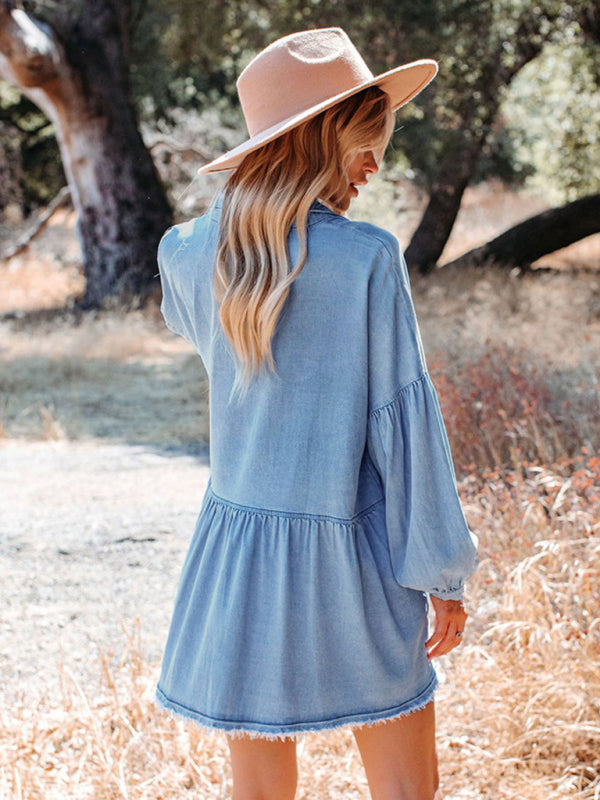 Balloon Sleeve Short Dress Vintage Fashion Loose Denim Dress