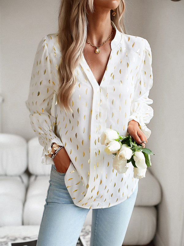 Women's v-neck bronzing polka dot long-sleeved shirt blouse