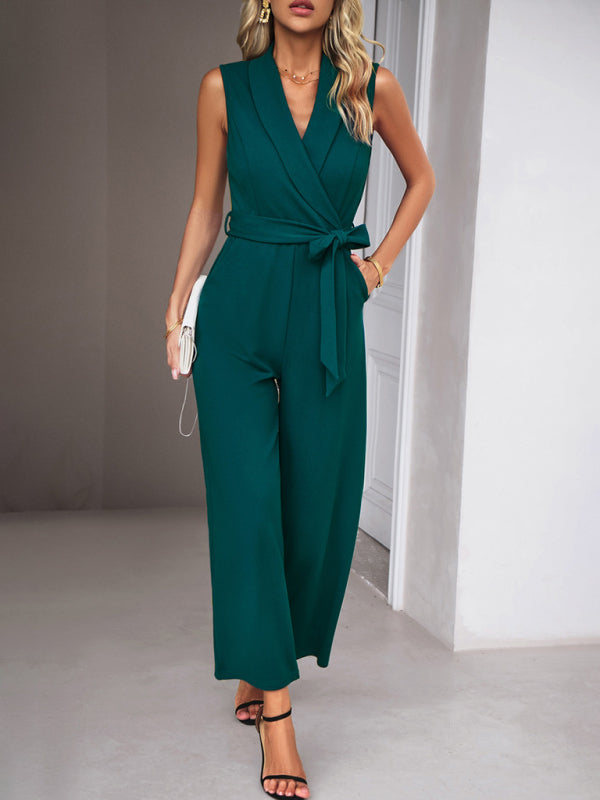 New women's elegant V-neck tie commuter sleeveless jumpsuit