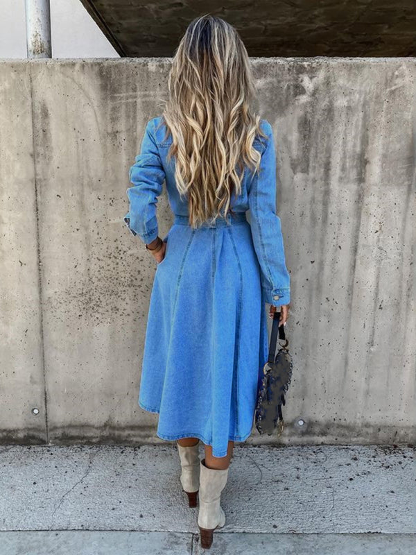 Denim Casual High Waist Pocket Lapel Dress