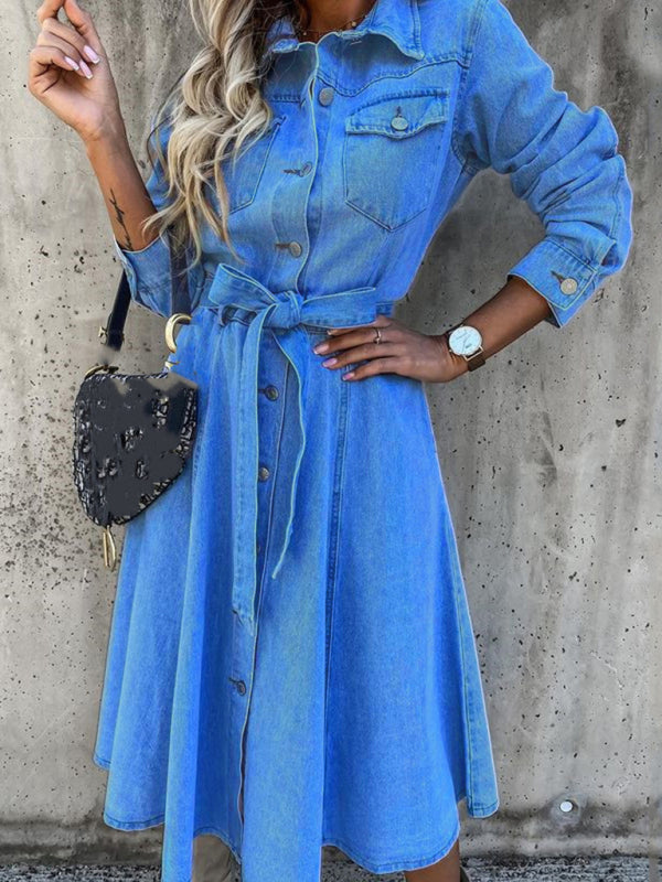 Denim Casual High Waist Pocket Lapel Dress