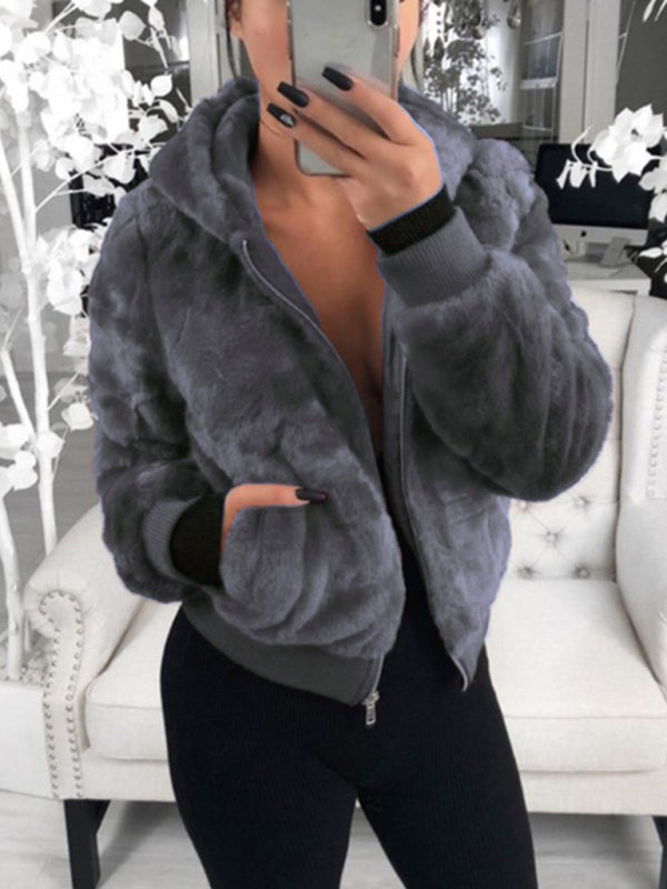 Autumn and winter furry long-sleeved hooded plush top long coat