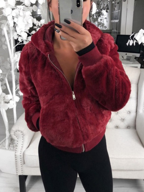 Autumn and winter furry long-sleeved hooded plush top long coat