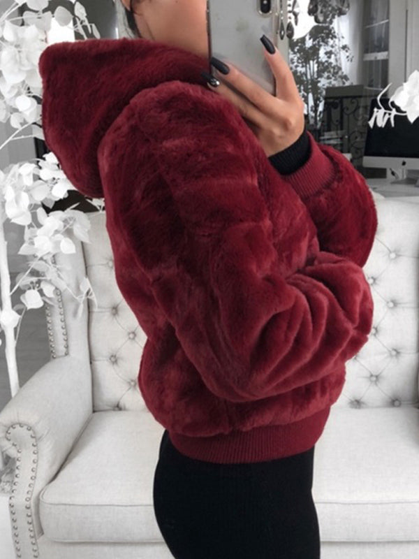 Autumn and winter furry long-sleeved hooded plush top long coat