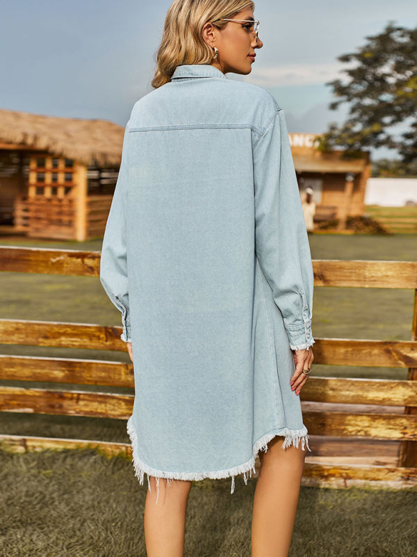 New Retro Washed Denim Loose Casual Long Sleeve Raw Edge Dress