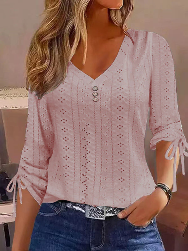 New Women's New Solid Color Jacquard Button Long Sleeve T-Shirt Top