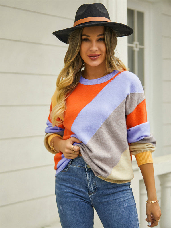 Women's striped stitching fashion crewneck sweater