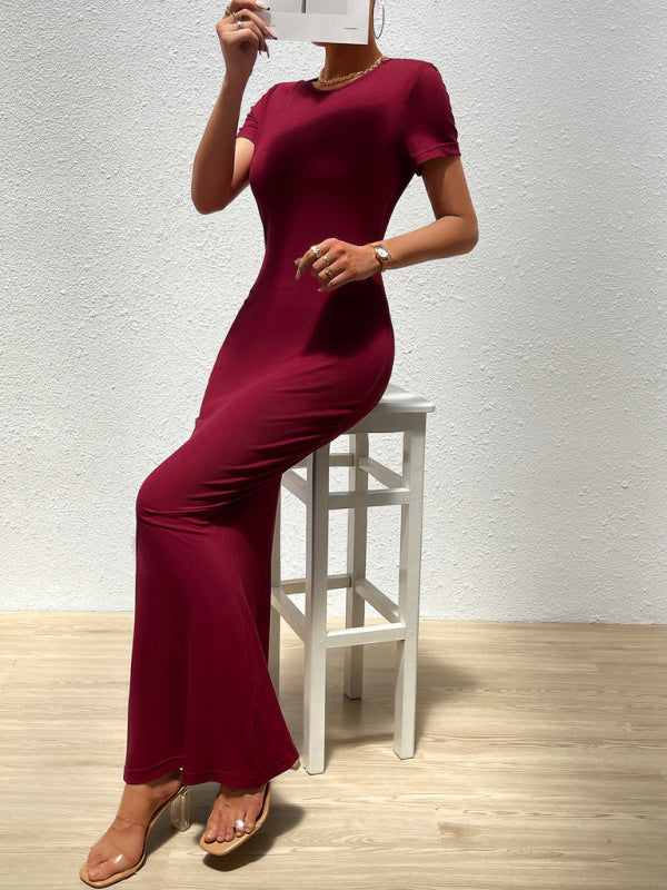 Elegant solid color round neck short-sleeved slim dress