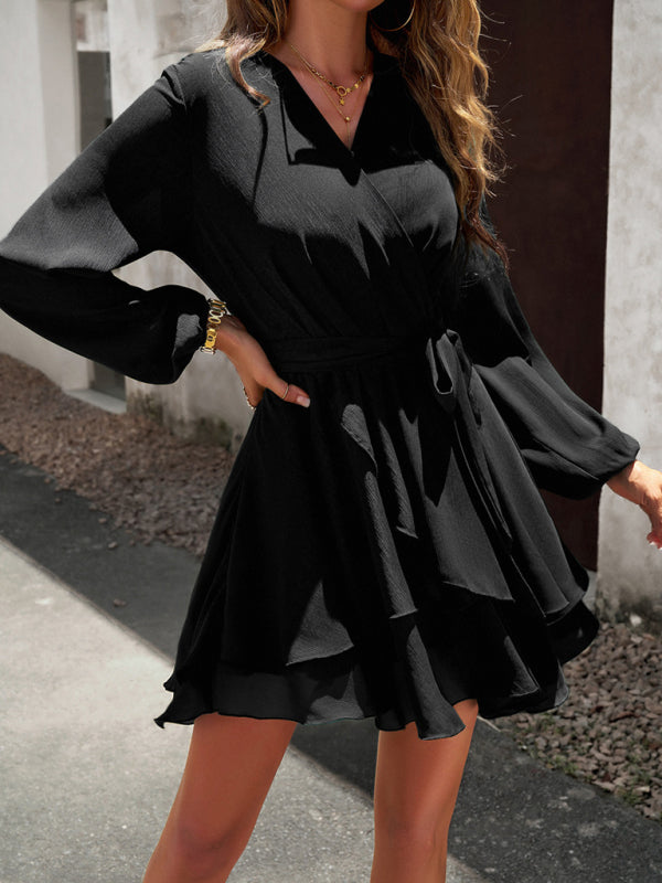 V-neck elegant long-sleeved multi-layered dress