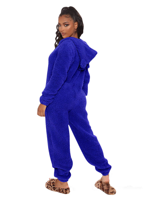 Long Sleeve Hooded Casual Jumpsuit Pants Plush Loungewear