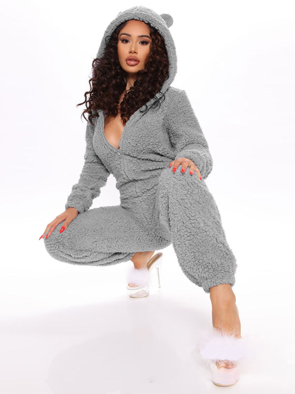 Long Sleeve Hooded Casual Jumpsuit Pants Plush Loungewear