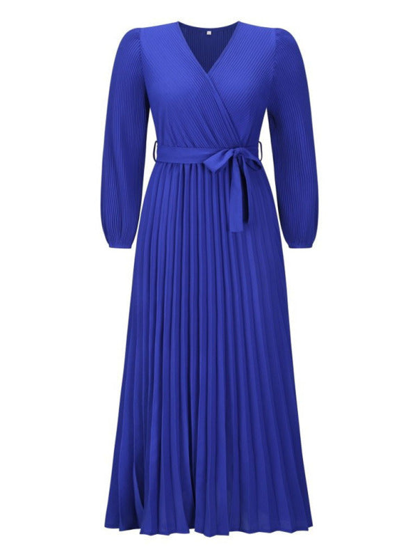 V-neck long-sleeved pleated A-line midi dress