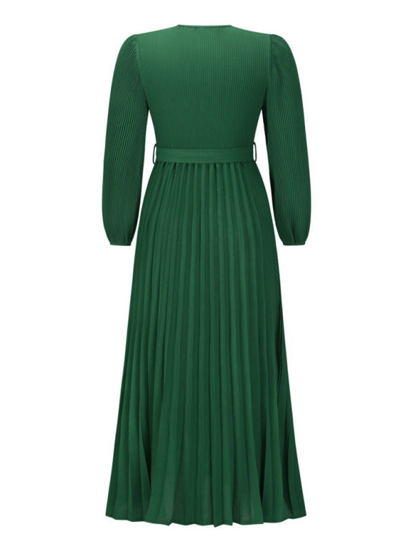 V-neck long-sleeved pleated A-line midi dress