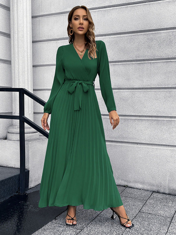 V-neck long-sleeved pleated A-line midi dress