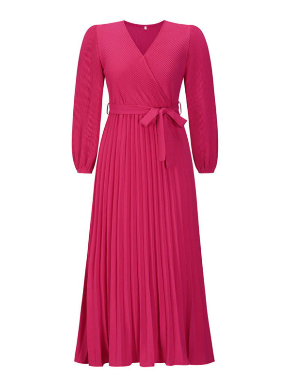 V-neck long-sleeved pleated A-line midi dress