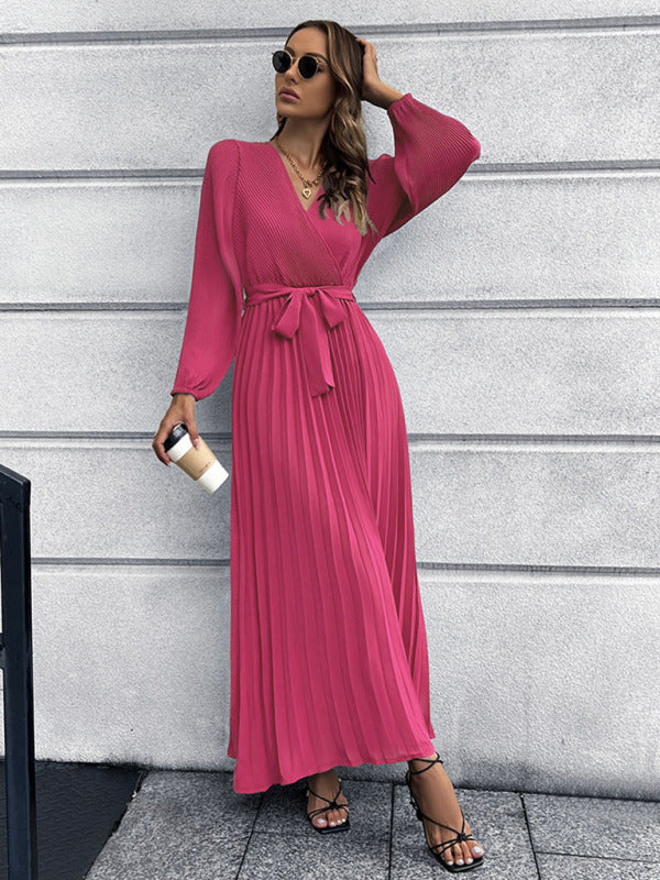 V-neck long-sleeved pleated A-line midi dress