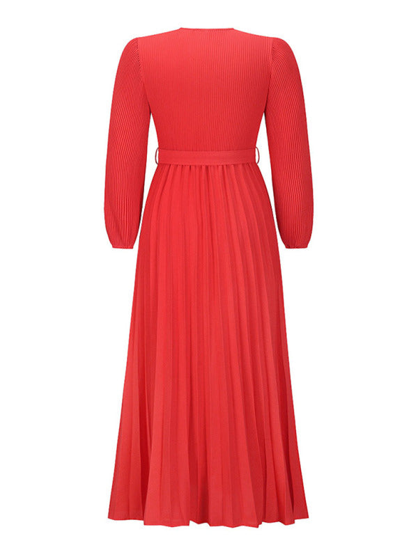 V-neck long-sleeved pleated A-line midi dress